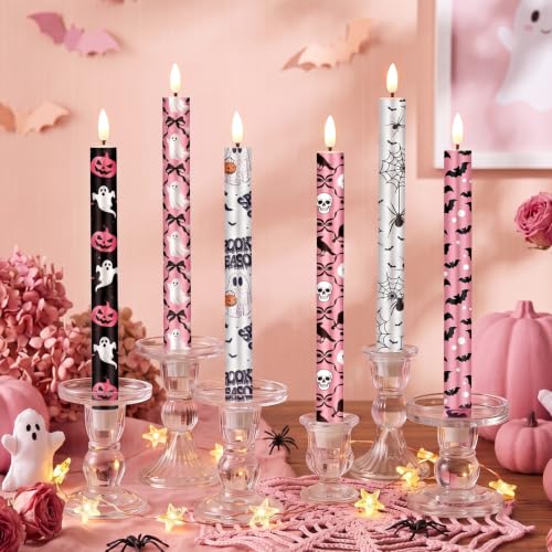 Image of Aurelema 6 Pcs Halloween LED Flameless Candle Set Pink Spooky Taper Candles Battery Operated with Remote Cute Ghost Candles Horror Pumpkin Decorations for Home Halloween Party Favors Holiday Decor