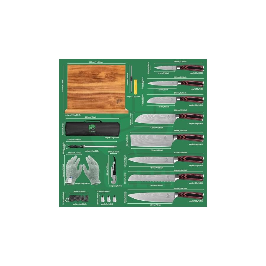 FULLHI-15pcs-Japanese-Knife-Set-with-Magnetic-Knife-Block-Holder-Premium-German-Stainless-Steel-Kitchen-Knife-Set FULLHI 15pcs Japanese Knife Set with Magnetic Knife Block Holder, Premium German Stainless Steel Kitchen Knife Set