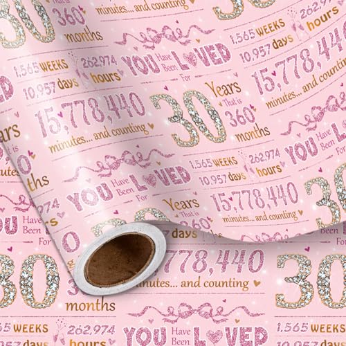 LeZakaa 30th Girls Birthday Wrapping Paper, Sparkling Pink & Gold Design, You Have Been Loved For 30 Years, Bow, Hearts, 30 Years Old, for Girls' Birthday Party Gifts, 17 Inches x 16.4 Feet