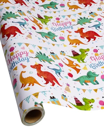 RayofSun Gift Wrapping Paper Roll Cute Dinosaurs Happy Birthday Wrapping Paper for Boys Wrapping Paper Rolls Gift Wrap Paper Dinosaur Parties Baby Showers Happy Bday Wrap 17 inch X 120 inch Per Roll