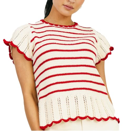 VAOYIU Women's Striped Breeze Crochet Top Cap Sleeve Ruffle Edges Knit Sweater Vest Casual Summer Fashion Cute Shirt