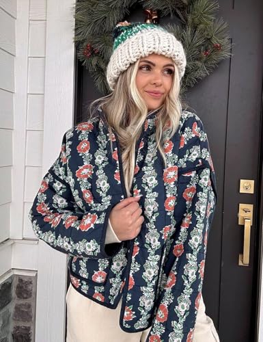 Wyeysyt Women's Cropped Puffer Jacket Lightweight Floral Print Long Sleeve Padded Quilted Puffy Cardigan Coat (Navy-L)4