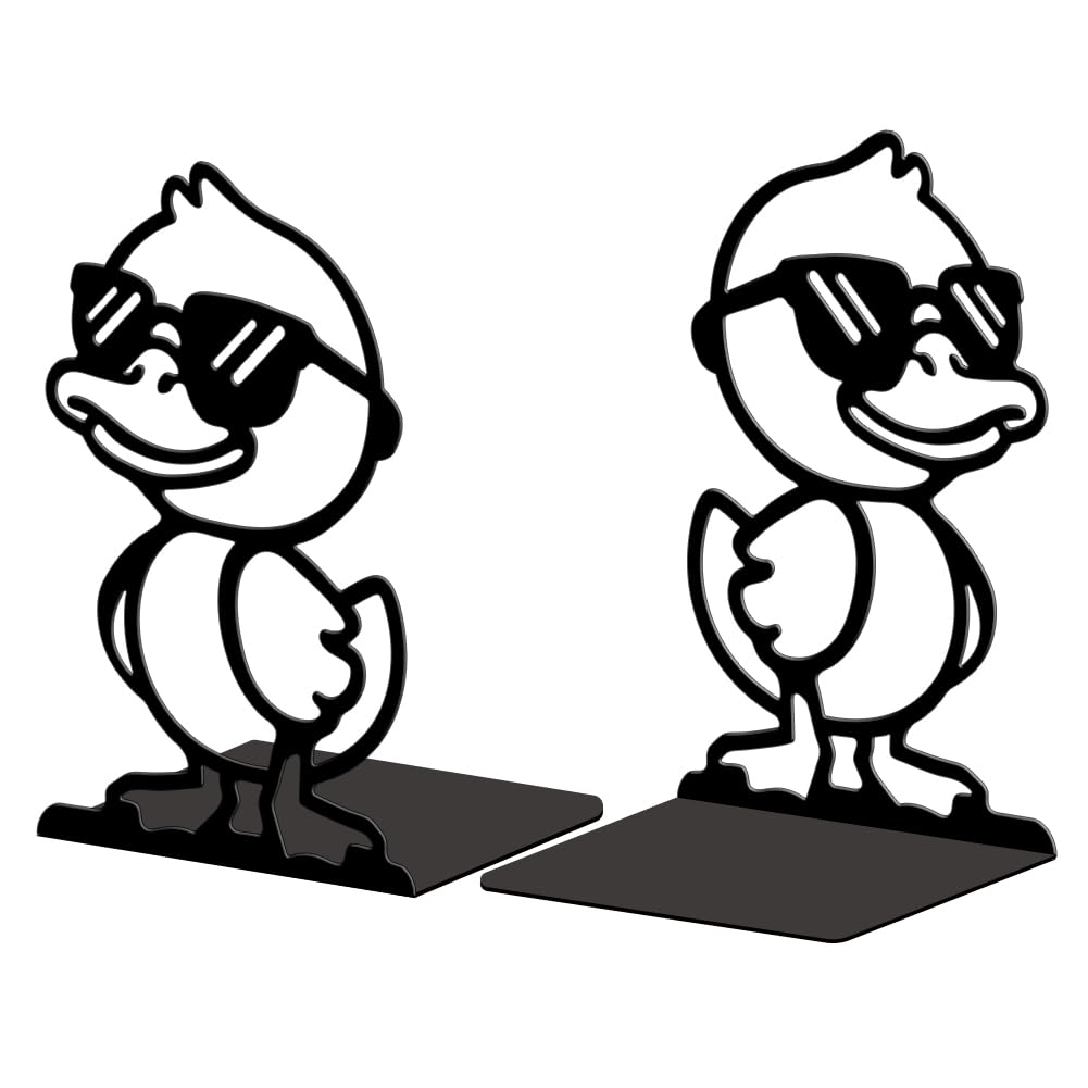 Peacoblue Metal Bookends for Shelves, Modern Decorative Heavy Duty Study Book Ends Stoppers for Office Desk Cute Duck with Sunglasses Cast Iron Simple Tall Bookends 1 Pair (Cute Duck with Sunglasses)