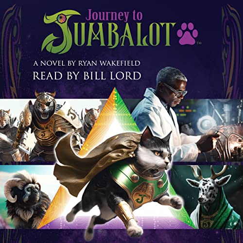 Journey to Jumbalot audiobook cover depicting various animals in armor - 2 cats, a ram, a deer, and a man in a white coat