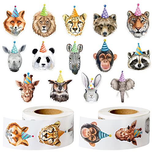 CNhoqc 1000pcs Realistic Safari Animal Theme Birthday Sticker Rolls (2 Rolls), 14 Designs Safari Animal Self-Adhesive Sticker for Kids Cute Stickers for Luggage Scrapbook Birthday Party Favor Supplies