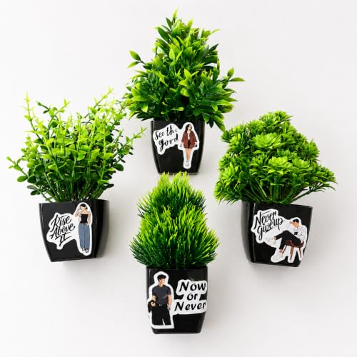 Image of Artificial Plant with Pot (Pack of 4) | Motivational Pots Small Faux Plants for Home, Office Desk, Bedroom, Living Room, Study Table & Shelf Decor