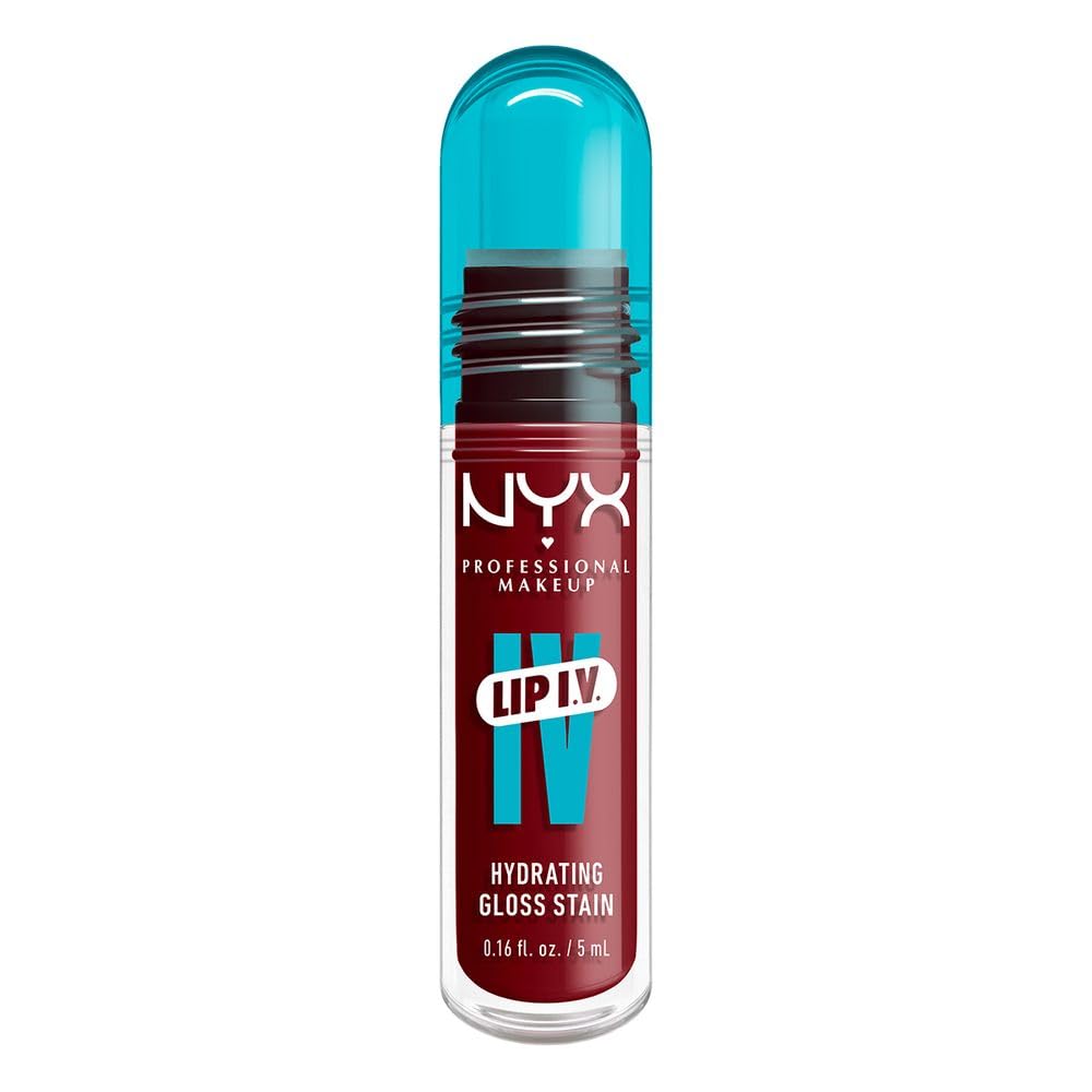 NYX Professional Makeup Lip IV, Gloss Serum Hidratante, fórmula 3 en 1: Brillo + tinta + hidratación, 12H de duración, con agua de coco y magnesio,fórmula vegana, 5ml - Tono Cranberry Splash (rojo) - Salpicadura de arándano