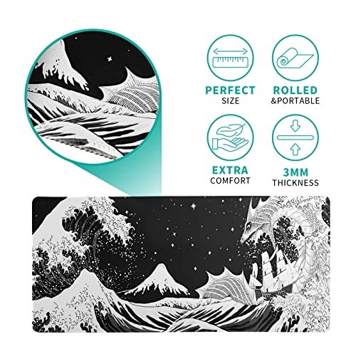 Black And White Japanese Waves Sea Dragon Gaming Mouse Pad Abstract Black Mat 31.5X11.8 Inch Sea Wave Texture Non-Slip Rubber Base Wave Mousepad Stitched Edges Keyboard Desk Pad For Office Home Game #TOP4