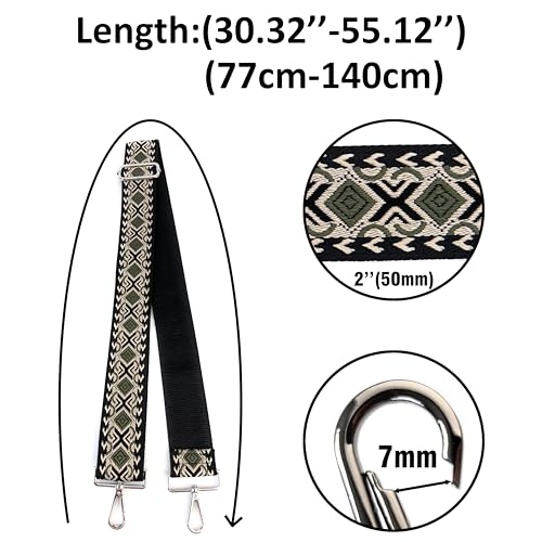 Image of Black Olive Green Boho Diamond Purse Strap with Silver Hardware 2 Inch Wide Replacement Crossbody Guitar Style Shoulder Strap for Handbags Totes
