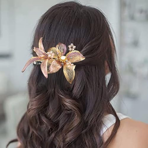Campsis Flower Wedding Hair Clip Glod Copper Wire Metal Crystal Hair Barrettes Rhinestones Fancy Large Hair Clips Wedding Hair Accessories Prom Bride Bridal Gift Party Photography Daily For Women And Girls #TOP1