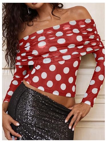 WDIRARA Women's Mesh Polka Dots Off Shoulder Crop Top Ruched Long Sleeve Slim Fit Sheer Tee Shirt4
