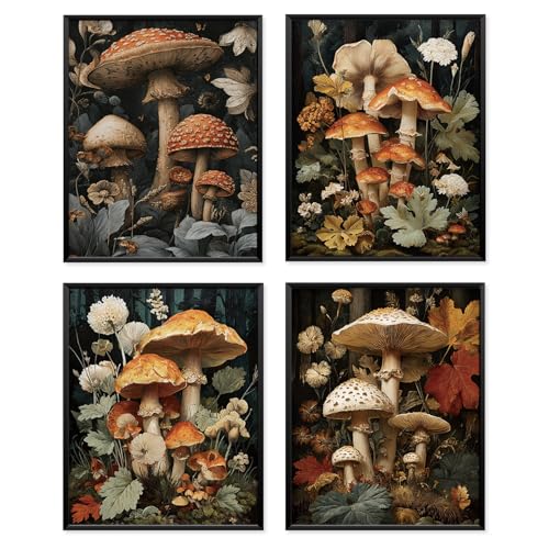Locomiss Vintage Botanical Mushroom Cottagecore Wall Art Decor, Dark Gothic Cottagecore Whimsical Mushroom Wall Decor Posters For Room Home Bedroom Bathroom, Set of 4 (8x10 Unframed)
