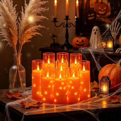 Image of Nimiko Flickering Flameless LED Candles,Battery Operated Candles 9 Pcs with Embedded Star String,Acrylic LED Pillar Candles with Remote,Suitable for Home Decoration to Create an Atmosphere (Orange)