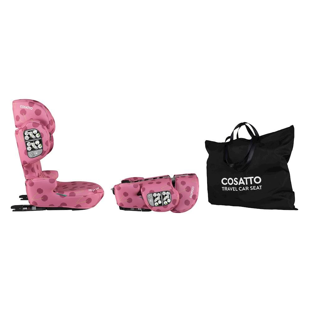 Cosatto Ninja i‑Go faltbarer Kindersitz | Reise-Booster Gruppe 2/3 – von 100 bis 150 cm | ultra-kompaktes, leichtes Design – ISOFIT oder Fahrzeuggurt | i-Size R129 Sicherheit (Cherry Pie)