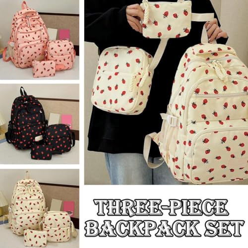 Coquette Strawberry Backpack,3PCS Cute Aesthetic Backpack Kawaii Daypack,Coquette Aesthetic Nylon Rucksack,for Women Fashion Travel Daypack3