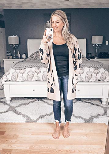 ZESICA Women's Long Sleeves Open Front Leopard Print Knitted Sweater Cardigan Coat Outwear with Pockets,L,A-Beige