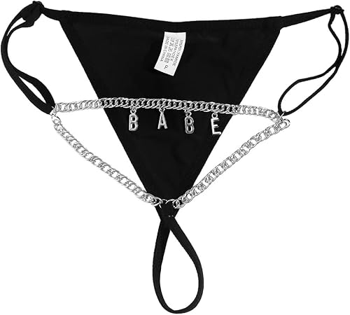Custom Waist Chain Underwear with Name for Women Girls, Sexy Personalized Thong Body Chain Metal Belly Waist Chains Black Panties (Silver Chain)