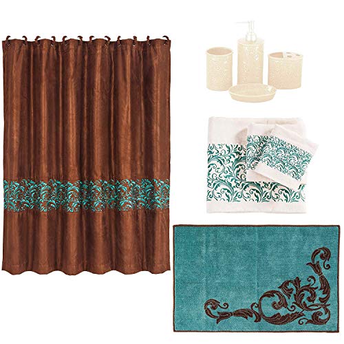 Image of Paseo Road Wyatt 9 Piece Turquoise Brown Floral Swirl Pattern Bathroom Set with Shower Curtain, Towel Set, Countertop Accessory Set, Bath Floor Rug, Southwestern Rustic Lodge Style