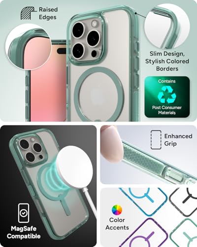 Image of ZAGG Santa Cruz Snap Case for iPhone 16 Pro - MagSafe Compatible, 13ft Military-Grade Drop Protection, Graphene Reinforced, Lightweight, 70% Recycled Content, Clear with Color Accents, Green