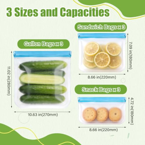 Image of 9 Pack Silicone Reusable Freezer Bags Set, 3 Sizes (Gallon /Snack /Sandwich) - Airtight, BPA-Free Reusable Plastic Bags for Food Storage & Lunch Container Organization Lock Bags