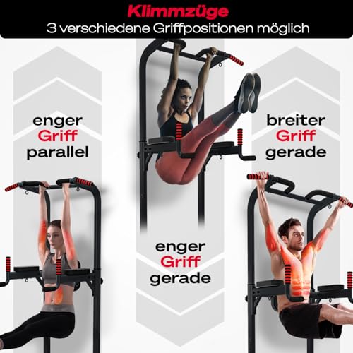 Sportstech 7in1 Power Tower PT300 als Dip Station & Kraftturm, multifunktionale Kraftstation für Zuhause mit Klimmzugstange, Liegestützgriffe und 4 Ösen für TRX, Ropes & Schlingen, Sit-Ups, in schwarz – Bild 5