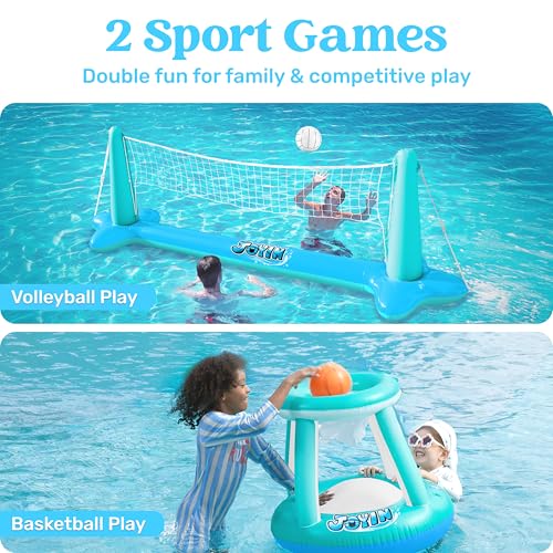 Image of JOYIN XL Inflatable Pool Float Set, 125'' Volleyball Net & Basketball Hoops, Extra Large Floating Swimming Game Toy for Kids and Adults, Summer Floaties, Volleyball Court|Basketball, XL-Blue, Cyan