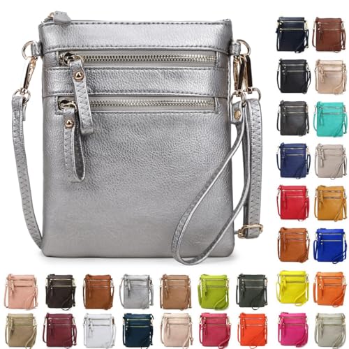 Solene Women's Faux Leather Organizer Multi Zipper Pockets Handbag With Detachable Wristlet Crossbody Bag-WU002(Light Pewter)