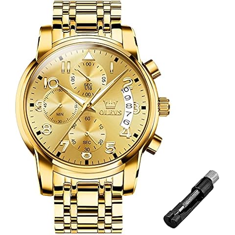 OLEVS Men's Analog Watch Big Face Gold Stainless Steel Strap Pin Time Watch for Men Arabic Numerals Men Chronograph Watch Waterproof Luminous Men Gold Watch with Date Gift Watch for Husband Cover