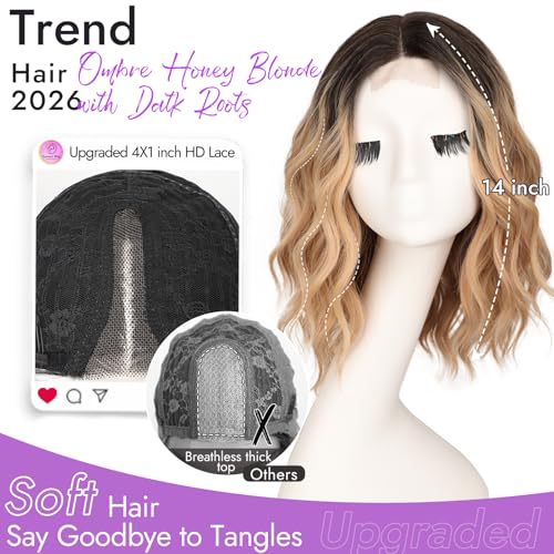 Image of Eawwii Wigs for Women Honey Blonde Dark Roots,Short Wavy Synthetic Lace Wig | Ombre Glueless 4x1 Lace Hairline, Heat-Resistant Fiber,Bob Wave Style,Natural Appearance for Everyday Cosplay 14 Inch