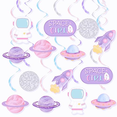 20Pcs Girl Outer Space Hanging Swirl Party Decor,Out of This World Space Disco Themed Party Ceiling Streamer Interstellar Planet Astronaut Rocket Space Two the Moon Baby Shower Birthday Party Supplies