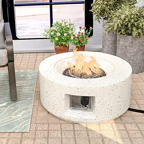 HOMPUS Outdoor Propane Fire Pit 40000 BTU 28 inch Round White Terrazzo Concrete Fire Table Gas Fire Pit w Lava Rocks and Rain Cover for Outdoor Deck or Backyard