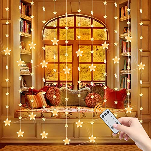 CREASHINE Rideau Lumineux Étoiles, 2m x1,5m Rideau Lumineux Noel, 144 LED Guirlande Lumineuse, 8 Modes d'Eclairage, avec Télécommande RF, IP44 Etanche Rideau Lumineux pour Mariage, Maison, Patio Cover