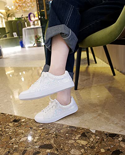 Image of FEVERSOLE Women's Fashion Lace Up Dress Sneakers Sparkly Party Shiny Shoes