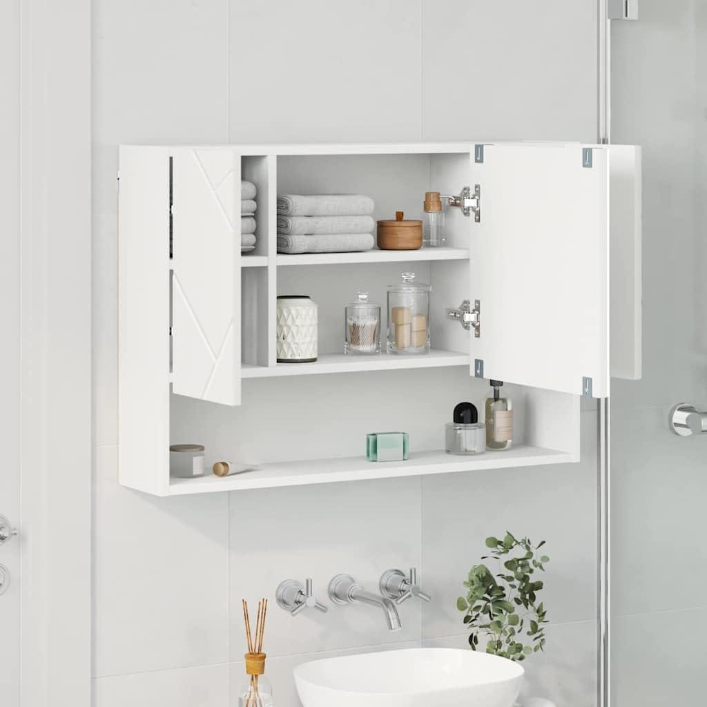 Szafka z lustrem montowana na ścianie, biała, materiał drewnopochodny, 80 x 17 x 55 cm, z 3 zawiasami, miejsce do przechowywania i lustrem, do łazienki, meble łazienkowe, szafka pod umywalkę
