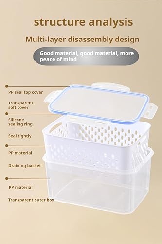 Miniatura 9 de Caja de almacenamiento de alimentos de plástico transparente para el hogar, incluida la cesta de drenaje, cesta de almacenamiento de 3 drenajes de