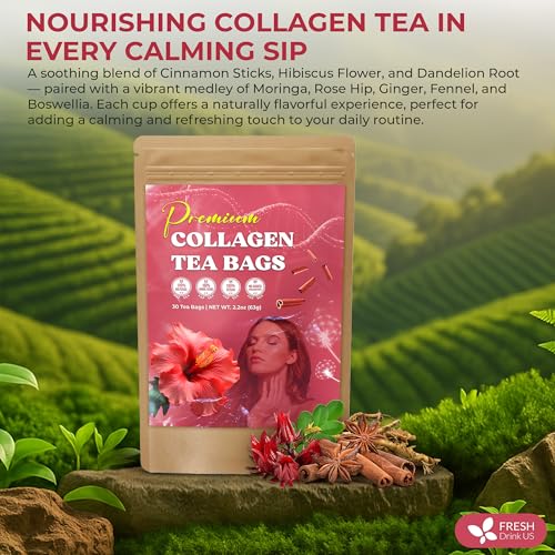 Image of FreshDrinkUS, Premium Collagen Herbal Tea - 30 Tea Bags | Cinnamon Stick, Hibiscus, Dandelion Root, Moringa Leaves, Rose Hip, Ginger, Fennel Seed, Boswellia | Caffeine-Free, Natural Flavorful Blend