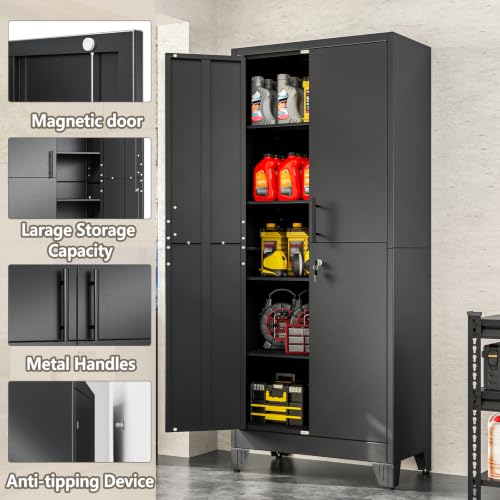 Image of PAOFIN Metal Kitchen Pantry Cabinet, 71 inch Tall Storage Cabinet with Lock Doors and Shelves, Freestanding Cupboard for Dining Room Living Room Furniture, Black