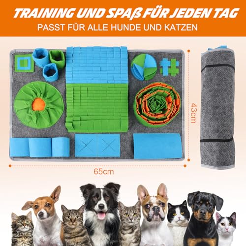 Schnüffelteppich für Hunde | 65*44cm | Hundespielzeug mit Anti-Rutsch | Waschbar | Extrem Material | Intelligenzspielzeug für Hunde | 10 Trainingselemente | 3 Schwierigkeitsstufen | Stressabbau