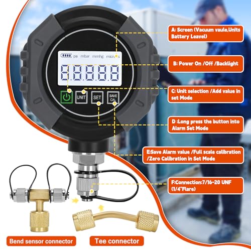 Image of Pro HVAC Micron Vacuum Gauge, Digital AC Micron Gauge 0-75000 Microns | Vacuum Tester with Alarm , LCD Backlit Display, 7 /16-20 UNF & 1 /4 inch SAE Ports, Includes T-Connector and Extension Adapter