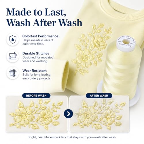 Image of Simthread 5500Yds /5000M 40WT Polyester Embroidery Thread Soft Lemon S020 | High-yardage 5000M spool offers smooth feeding and stable 40WT polyester thread for home and commercial embroidery machines.