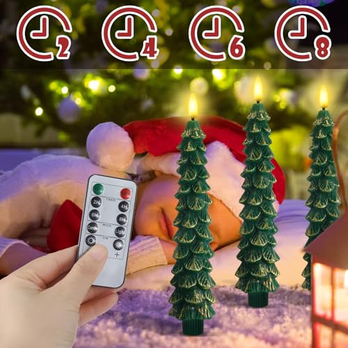 Image of Funtery 6 Pcs LED Christmas Tree Flameless Taper Candles Real Wax Battery Operated Candlestick Lights with 3D Flame and Remote Timer Window Fireplace(Gold Edge,Christmas Tree)