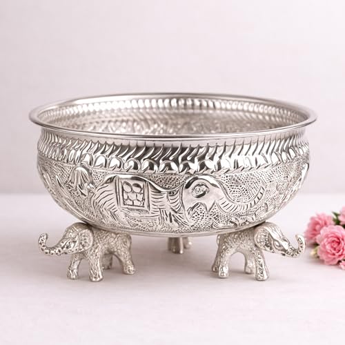 Image of Silver Decorative Metal Urli Bowl with Elephant Base | Metal Bowl for Home Entrance, Living Room, Puja Room, Housewarming, Festive Centerpiece & Diwali Decoration