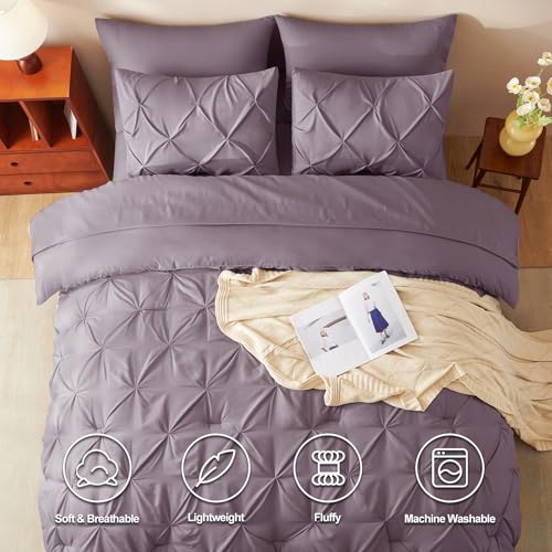 CozyLux King Size Comforter Set Grayish Purple, 7 Pieces Bed in A Bag Purple Comforter King Size, Pinch Pleat Bedding Set with All Season Comforter, Sheets, Pillowcases & Shams