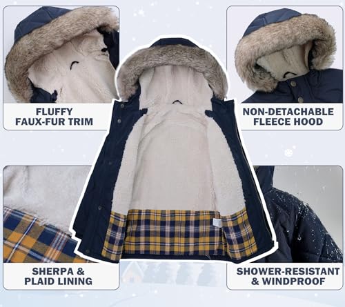 Image of SOLOCOTE Boys Winter Coat Little Kids Heavyweight Fur Hood Sherpa Lining Jacket Water-Resistant Parka