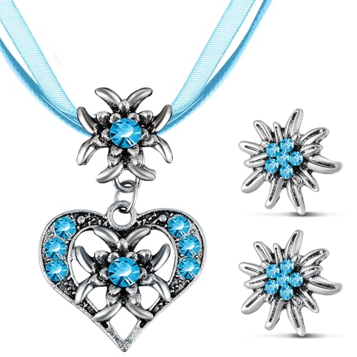 Patelai 3 Stück Trachtenschmuck Set Bayerisch Dirndlschmuck Trachtenkette mit Strass Edelweiß Herz Anhänger und Edelweiß Ohrstecker für Damen...
