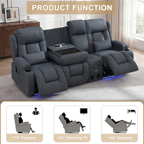 Image of URRED Power Loveseat Recliner Sofa with Massage and Heat, Wall Hugger Reclining Loveseat with Console, RV Couch Home Theater Seating with LED Lights for Living Room (Blue Grey, 89.8 inch - 3 Seats)