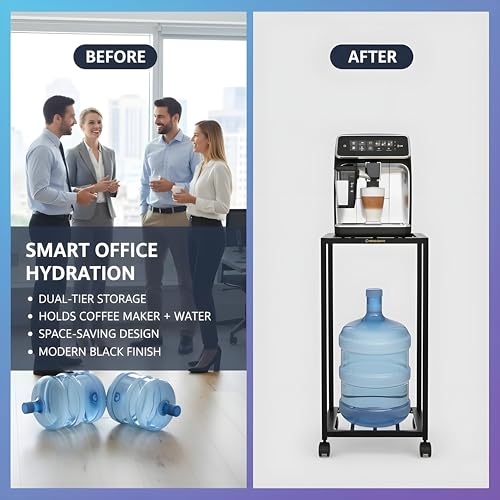 Image of 2-Tier Metal Water Dispenser Stand with Lockable Wheels ? Heavy-Duty Black Frame Cart for 20?25L Bottles, Cans & Jars | Multifunctional Kitchen & Home Storage and Mobility Solution (Black)