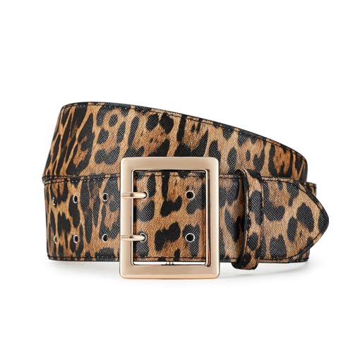 Women Wide Belts Fashion Thick Black Belt with Gold Double Prong Buckle Belt for Dresses