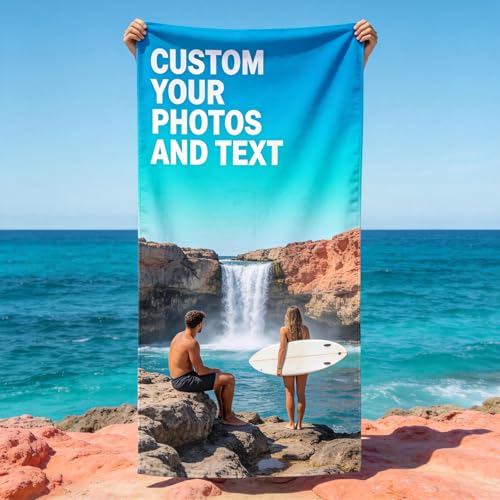 Lmfphog Personalized Beach Towel with Photo and Name Custom Microfiber Sand Free Beach Towels for Adults & Kids Unique Gift for Summer Birthday Graduation Anniversary