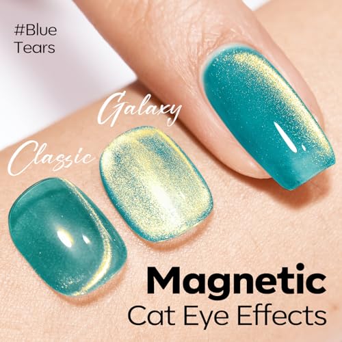 Image of modelones 9D Magnetic Cat Eye Gel Nail Polish Green Holographic Mint Blue Golden Shimmer, 15ML UV LED Soak Off Gel Nail Art Manicure 15ML